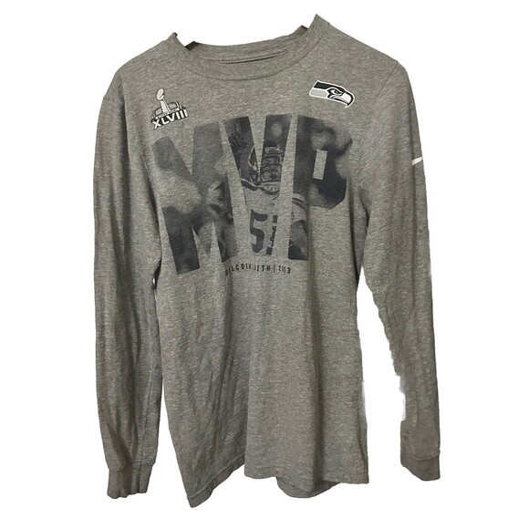 Seattle Seahawks Super Bowl MVP Malcolm Smith Men's S Gray Nike Long T-Shirt - Picture 1 of 13